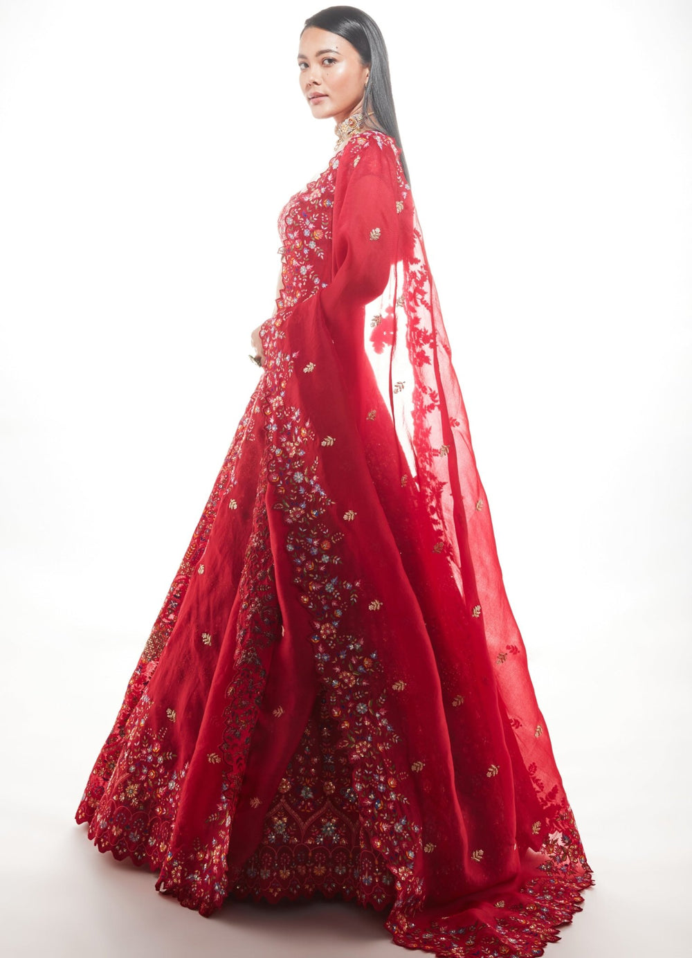 Zeba Red Resham and Sequinned Organza Lehnega Set Chamee n Palak - Fabilicious Fashion