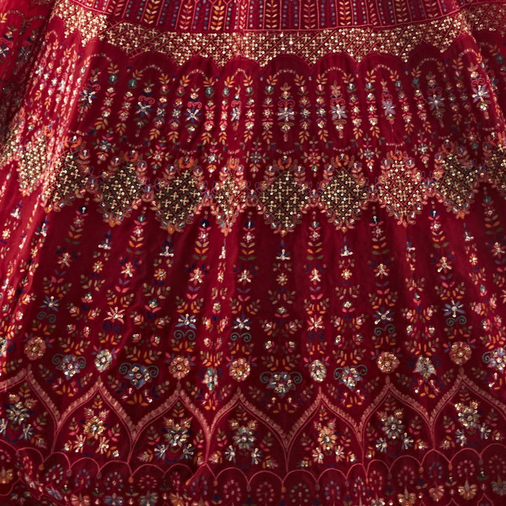 Zeba Red Resham and Sequinned Organza Lehnega Set Chamee n Palak - Fabilicious Fashion
