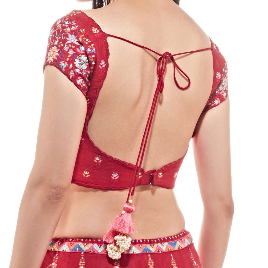 Zeba Red Resham and Sequinned Organza Lehnega Set Chamee n Palak - Fabilicious Fashion