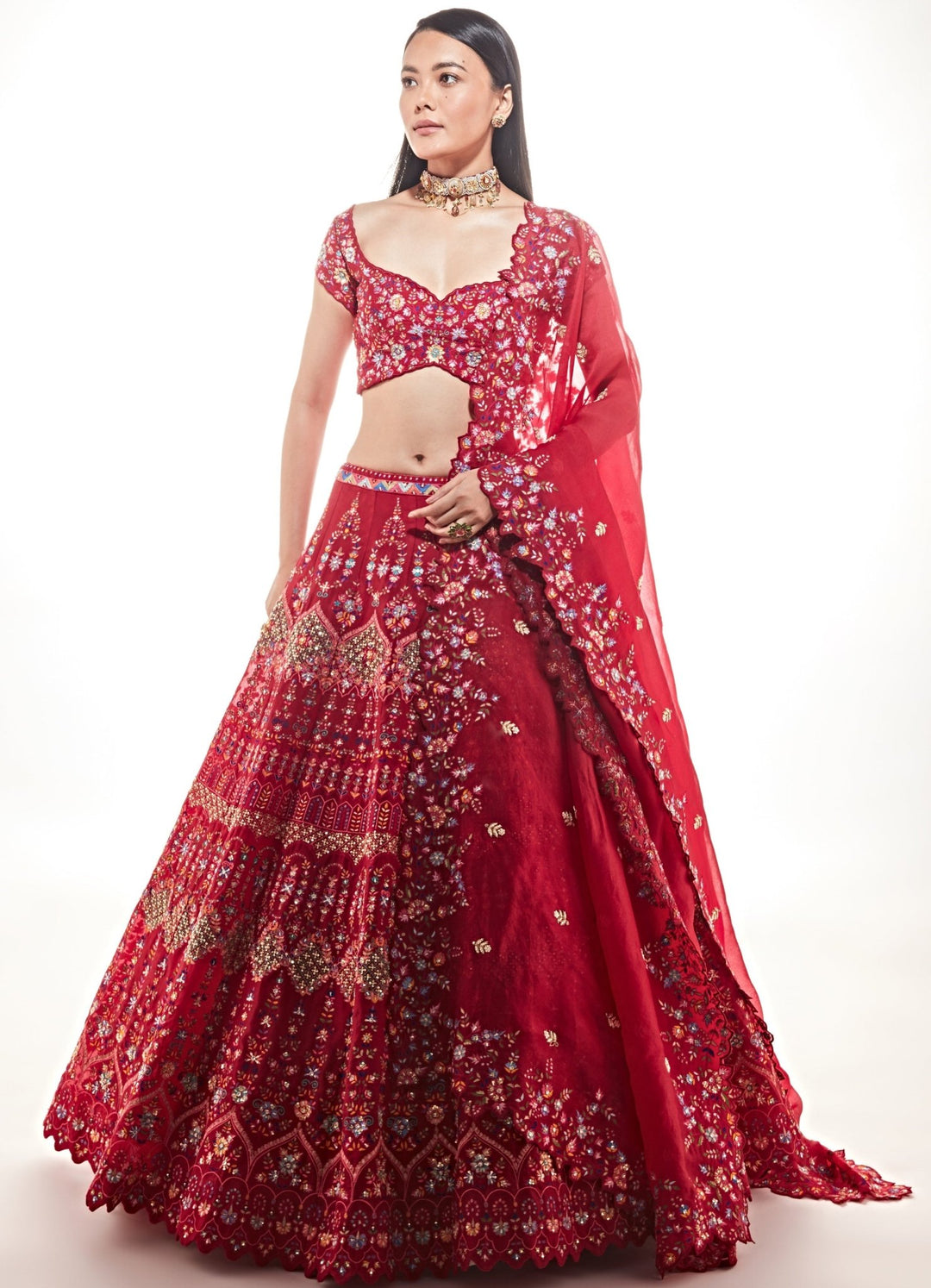 Zeba Red Resham and Sequinned Organza Lehnega Set Chamee n Palak - Fabilicious Fashion