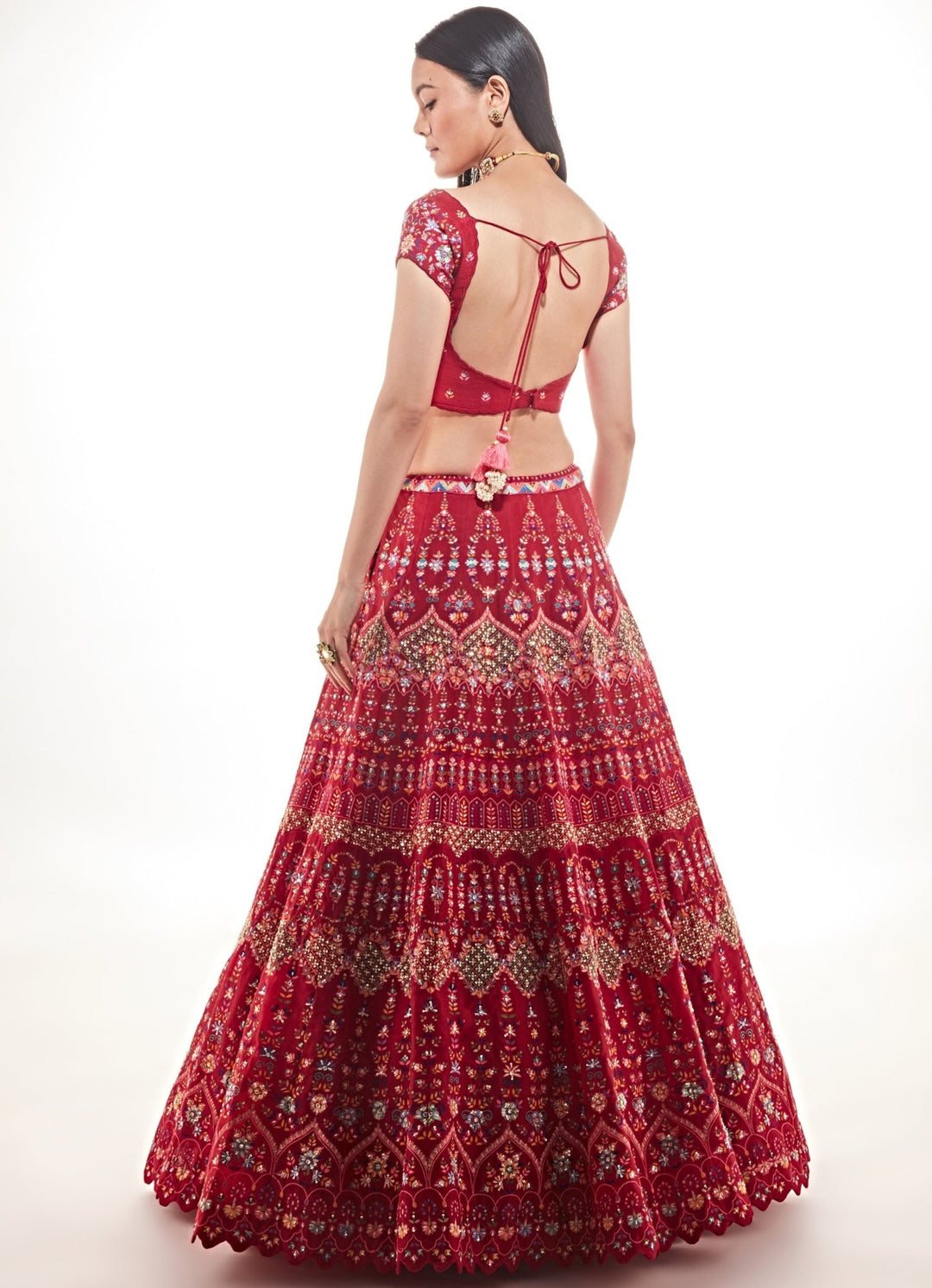 Zeba Red Resham and Sequinned Organza Lehnega Set Chamee n Palak - Fabilicious Fashion