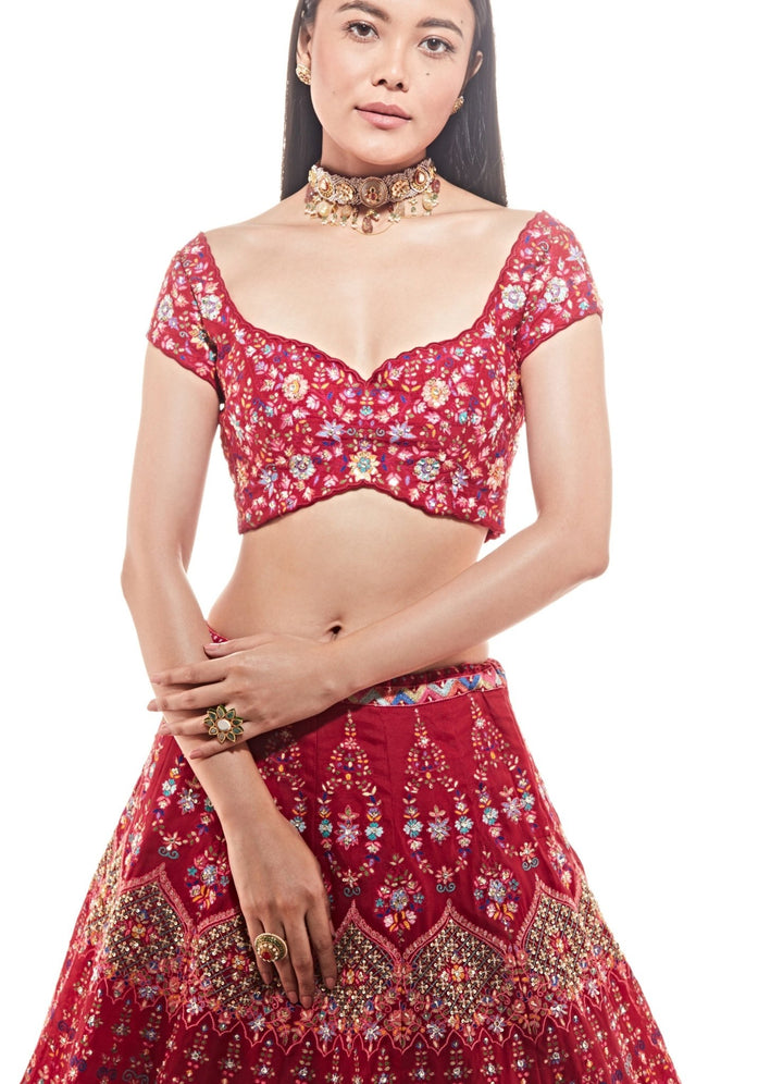 Zeba Red Resham and Sequinned Organza Lehnega Set Chamee n Palak - Fabilicious Fashion